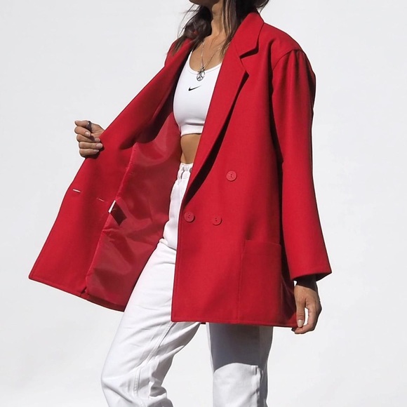 VINTAGE 80's RED WOOL OVERSIZED BLAZER - Picture 3 of 6